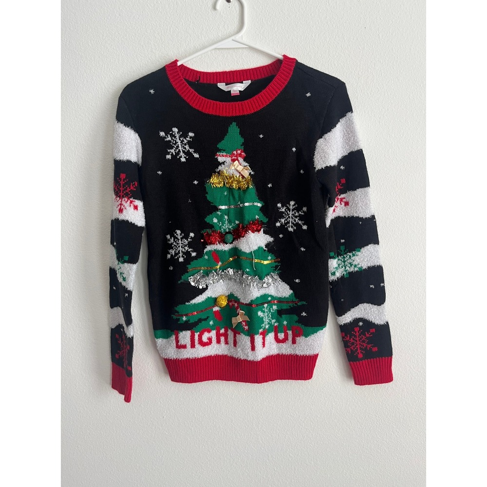 No Boundaries Womens Ugly Christmas Sweater Light It Up Tree Black Red Small 3-5